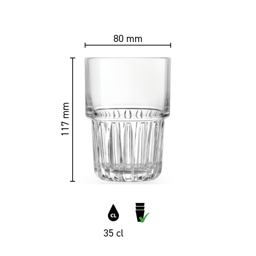 Infographic met de exacte productafmetingen van het longdrinkglas Onis Everest 35 cl glasmodel.